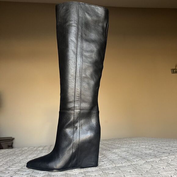 New Vince Camuto Tiasie Black Leather Over Knee High Tall Boot Ankle Zip Women 7 - Picture 1 of 16